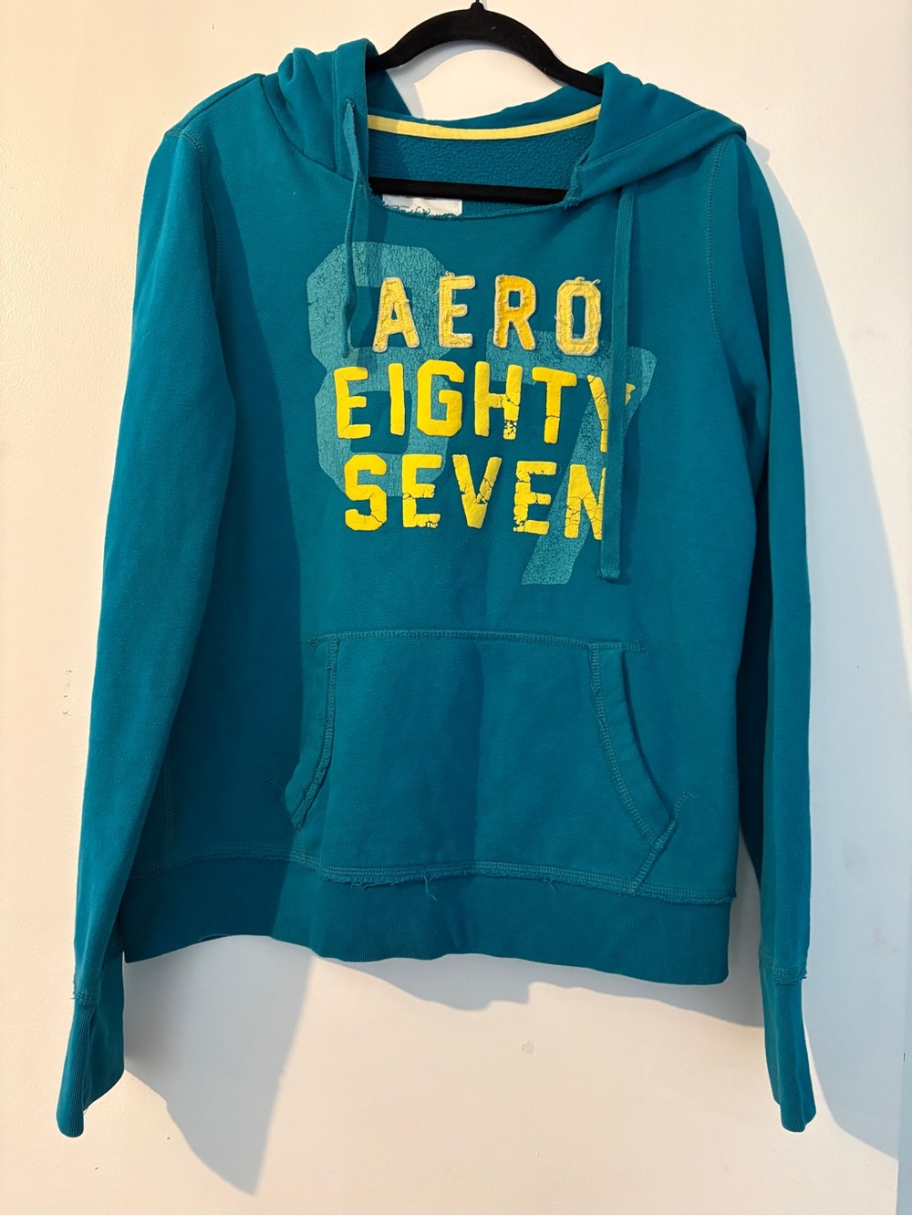 Aeropostale Teal Pullover Hoodie with Yellow Lettering